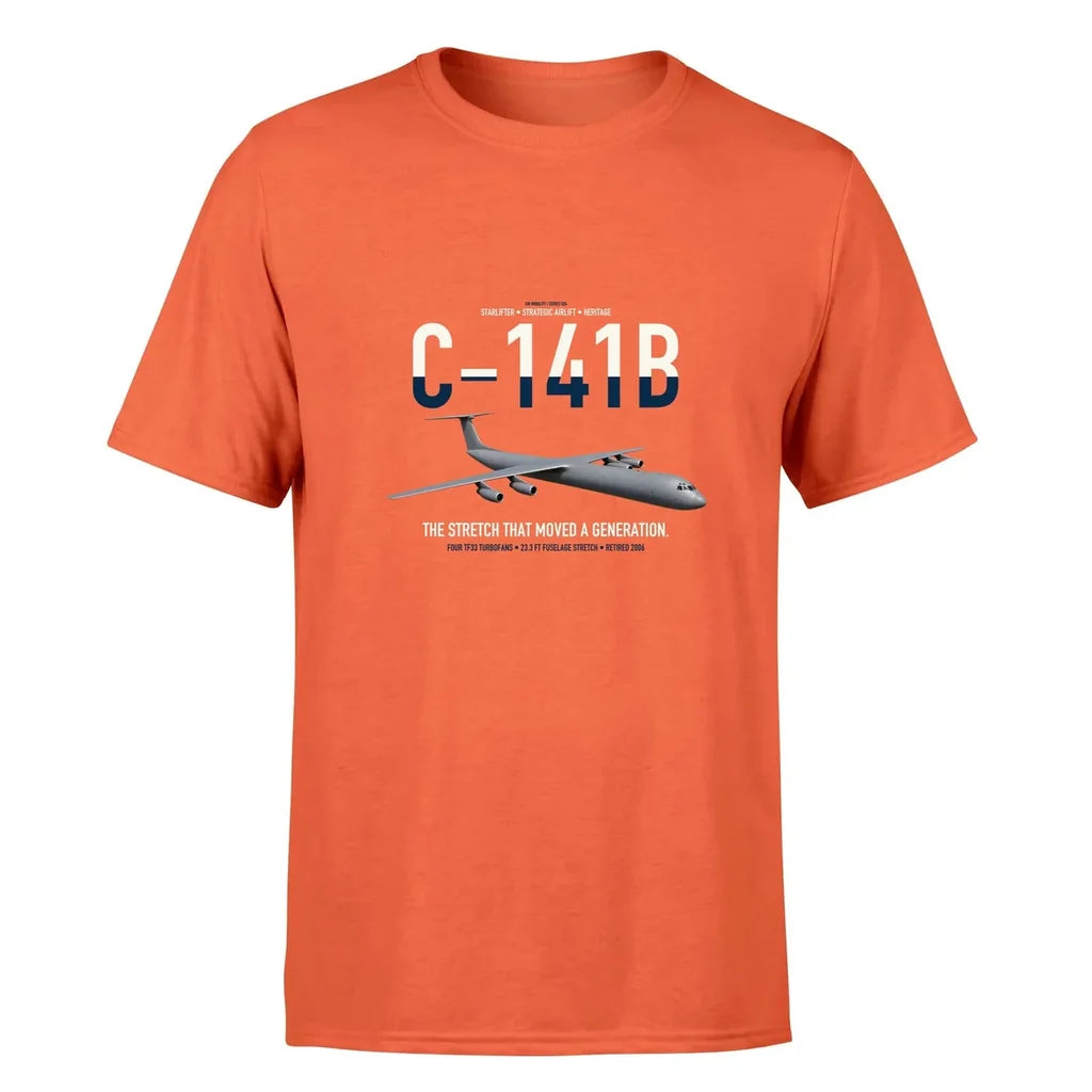 C-141B Starlifter design on orange double-side t-shirt, single-side print