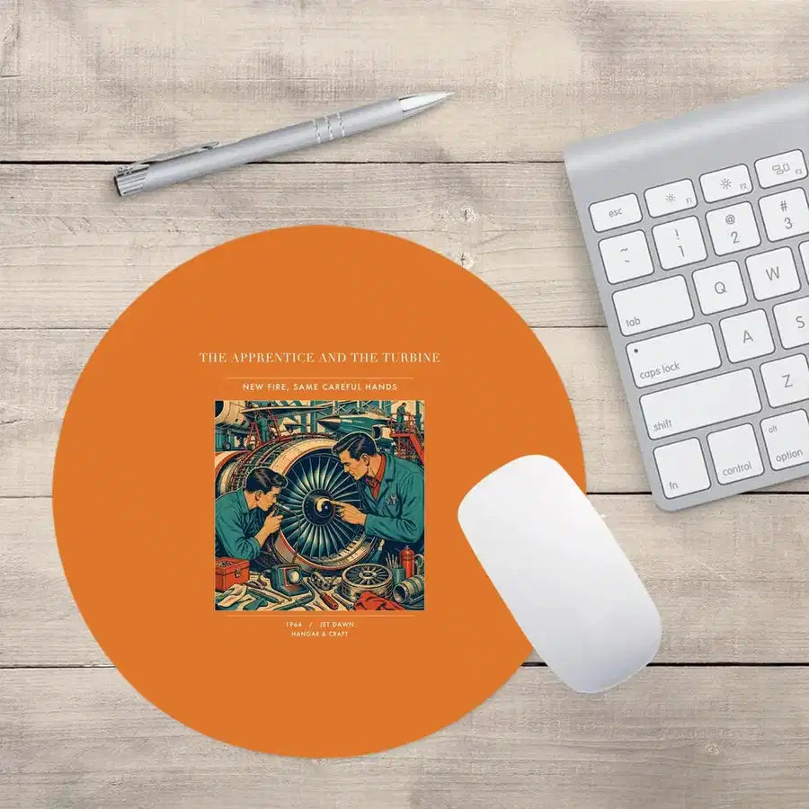VINTAGE G4470 - The Apprentice And The Turbine - Designed Mouse Pads design on orange round