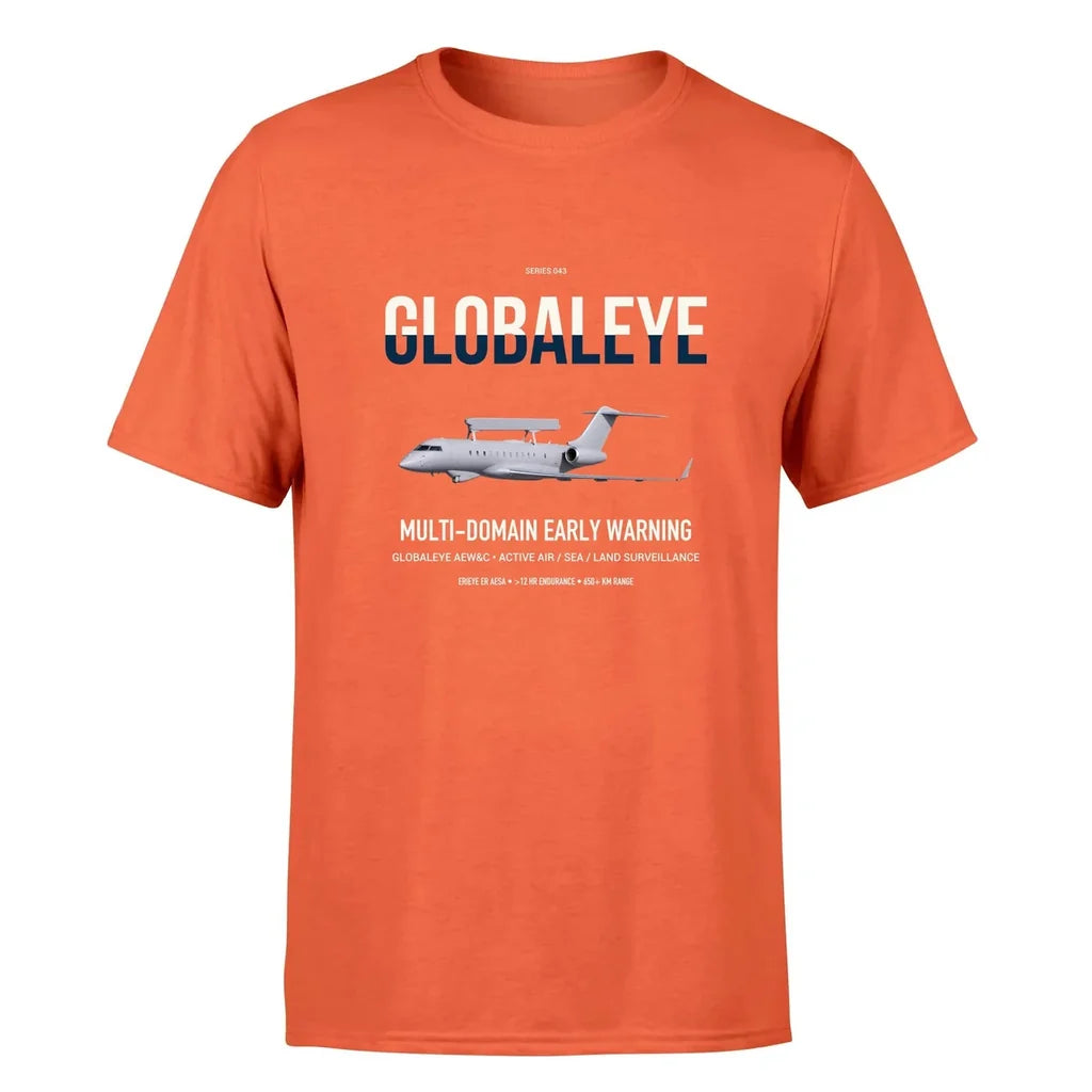 Saab GlobalEye design on orange double-side t-shirt, single-side print