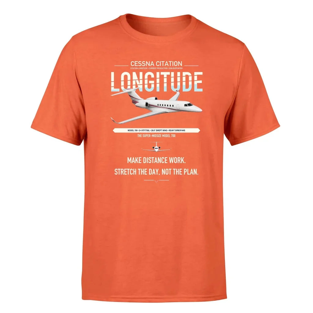 Cessna Citation Longitude design on orange double-side t-shirt, single-side print