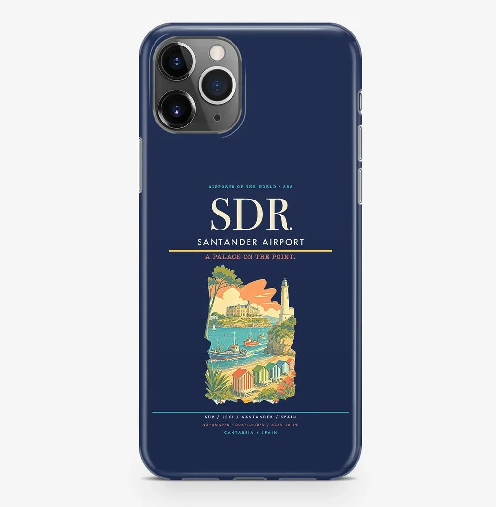 Santander Airport (SDR) design on navy blue iPhone 16 Pro MagSafe case