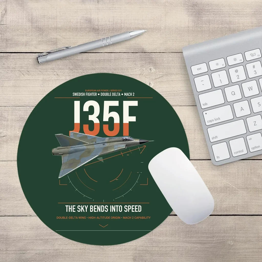 Saab J 35F Draken design on dark green round mouse pad