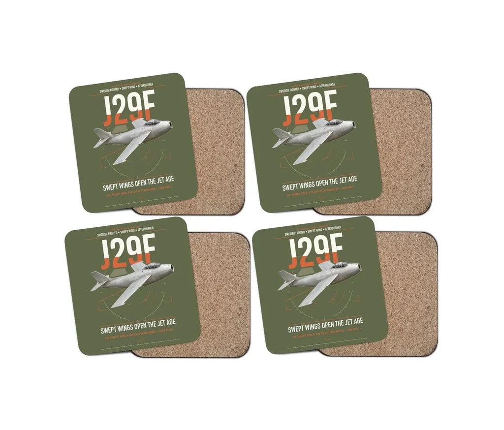 Saab J 29F Tunnan design on green army 4 pieces set coaster