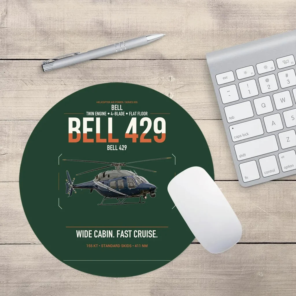 Bell 429 design on dark green round mouse pad