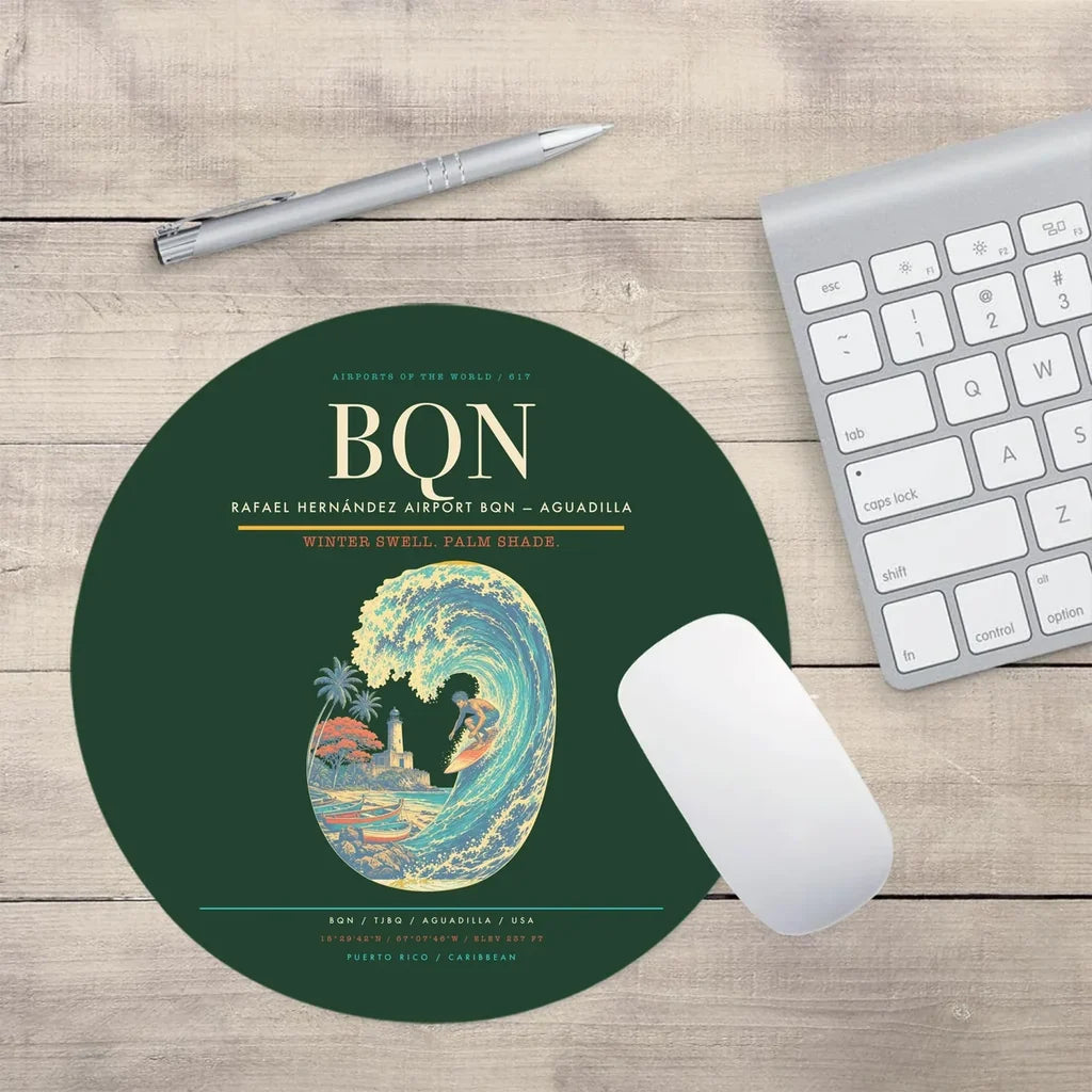 Rafael Hernández Airport (BQN) design on dark green round mouse pad