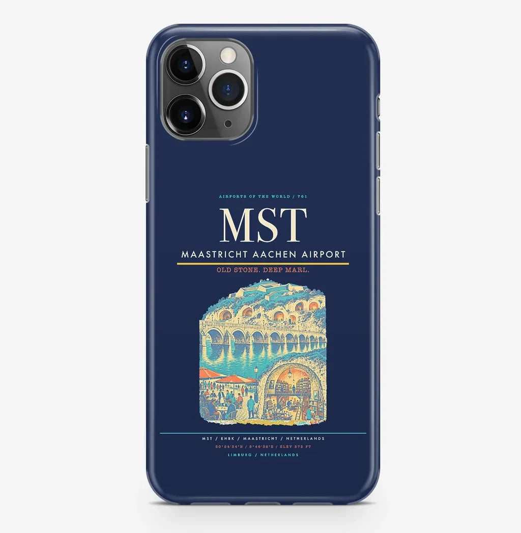 Maastricht Airport (MST) design on navy blue iPhone 16 Pro MagSafe case