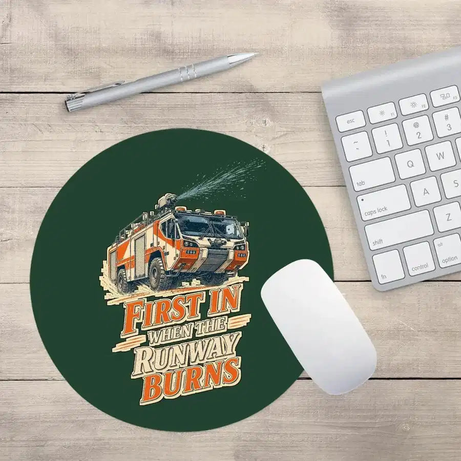First In When The Runway Burns design on dark green round mouse pad