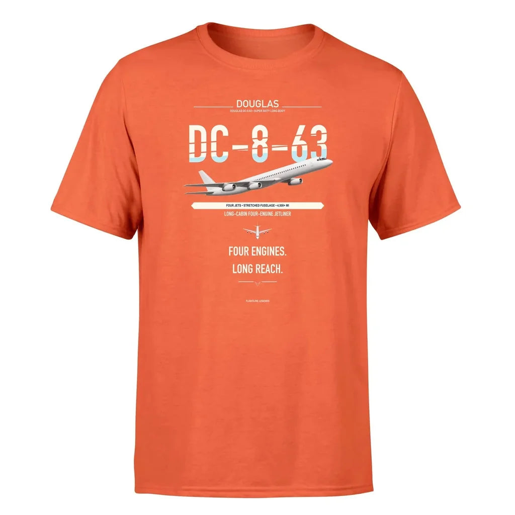 Douglas DC-8-63 design on orange double-side t-shirt, single-side print