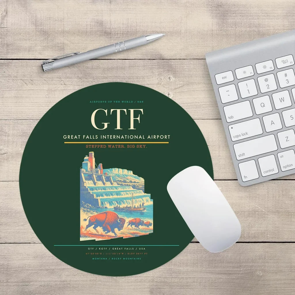Great Falls International Airport (GTF) design on dark green round mouse pad