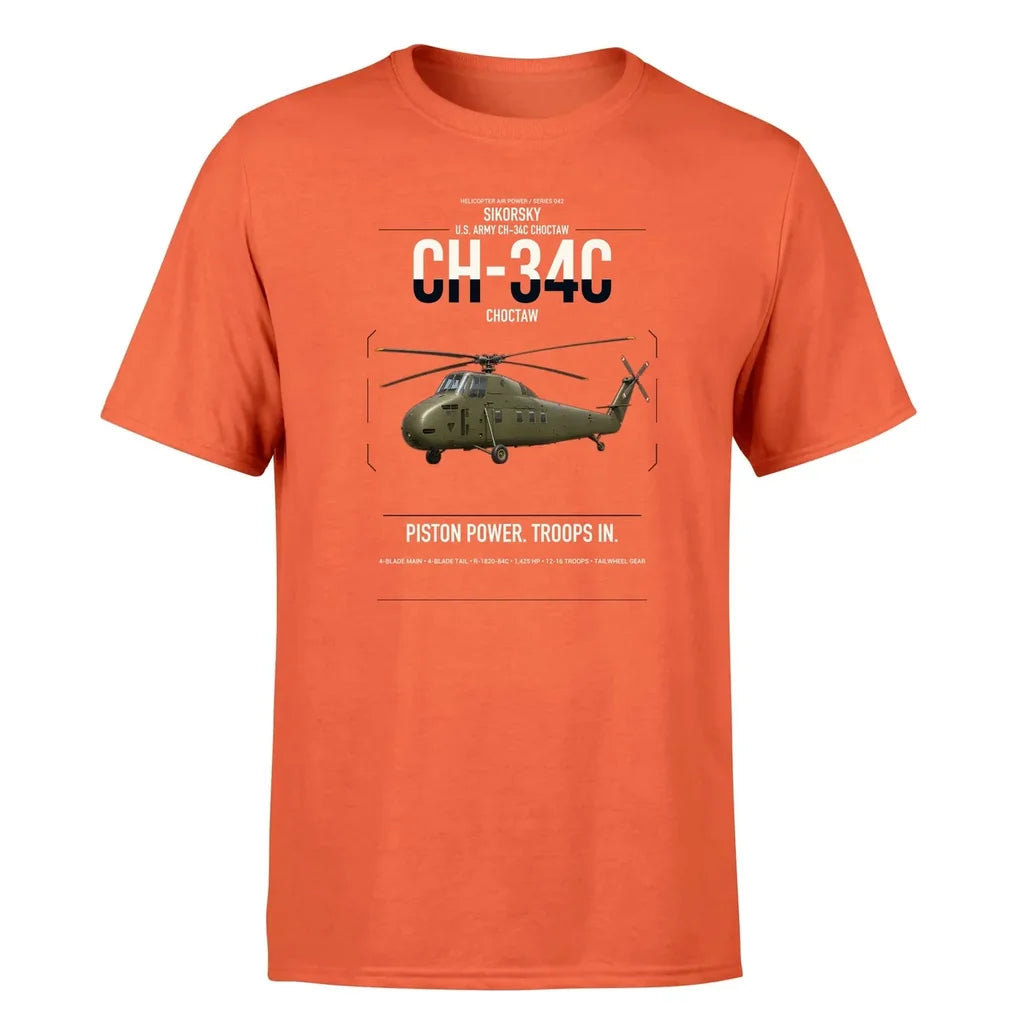 Sikorsky CH-34C Choctaw design on orange t-shirt, single-side print