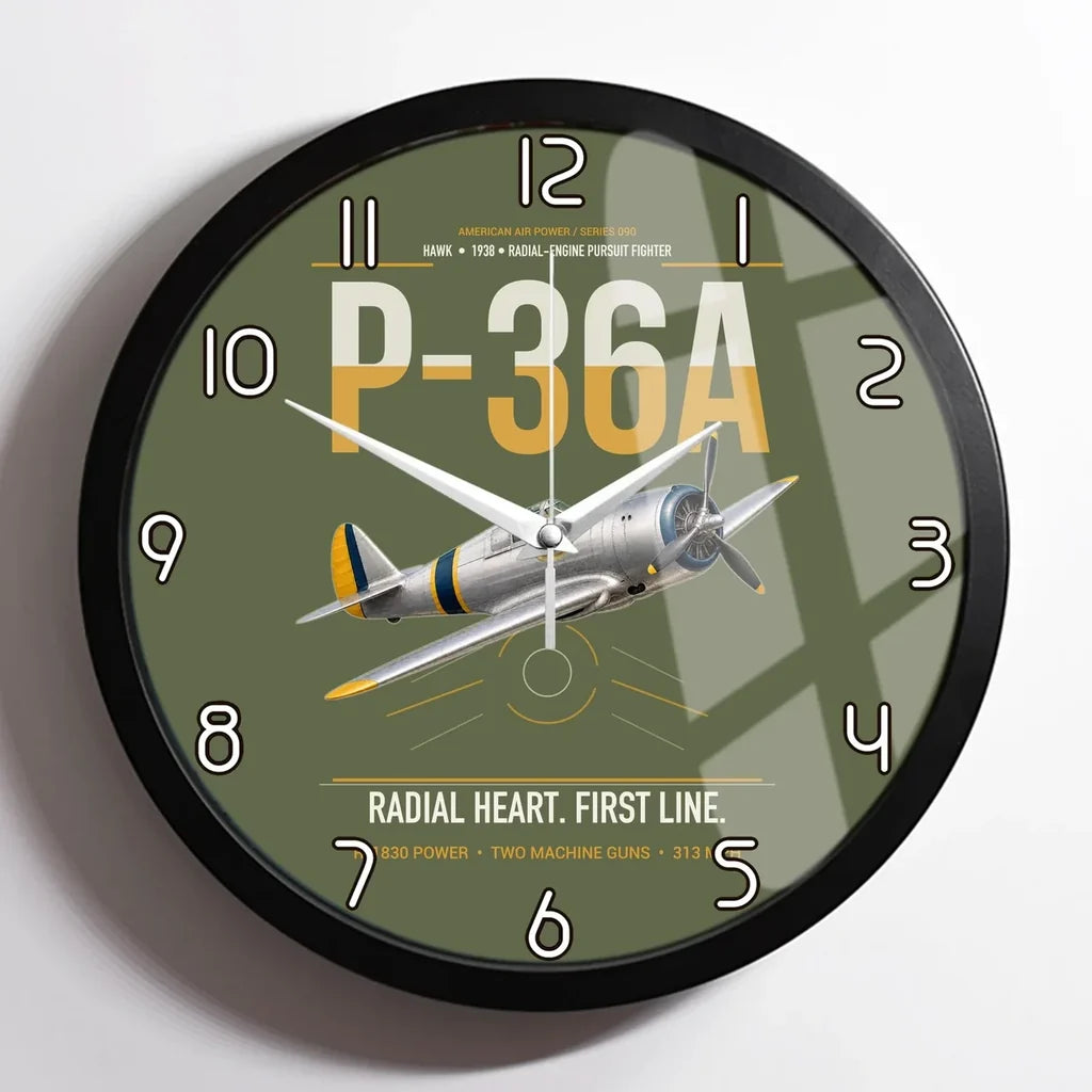 P-36A Hawk design on green army framed wall clock