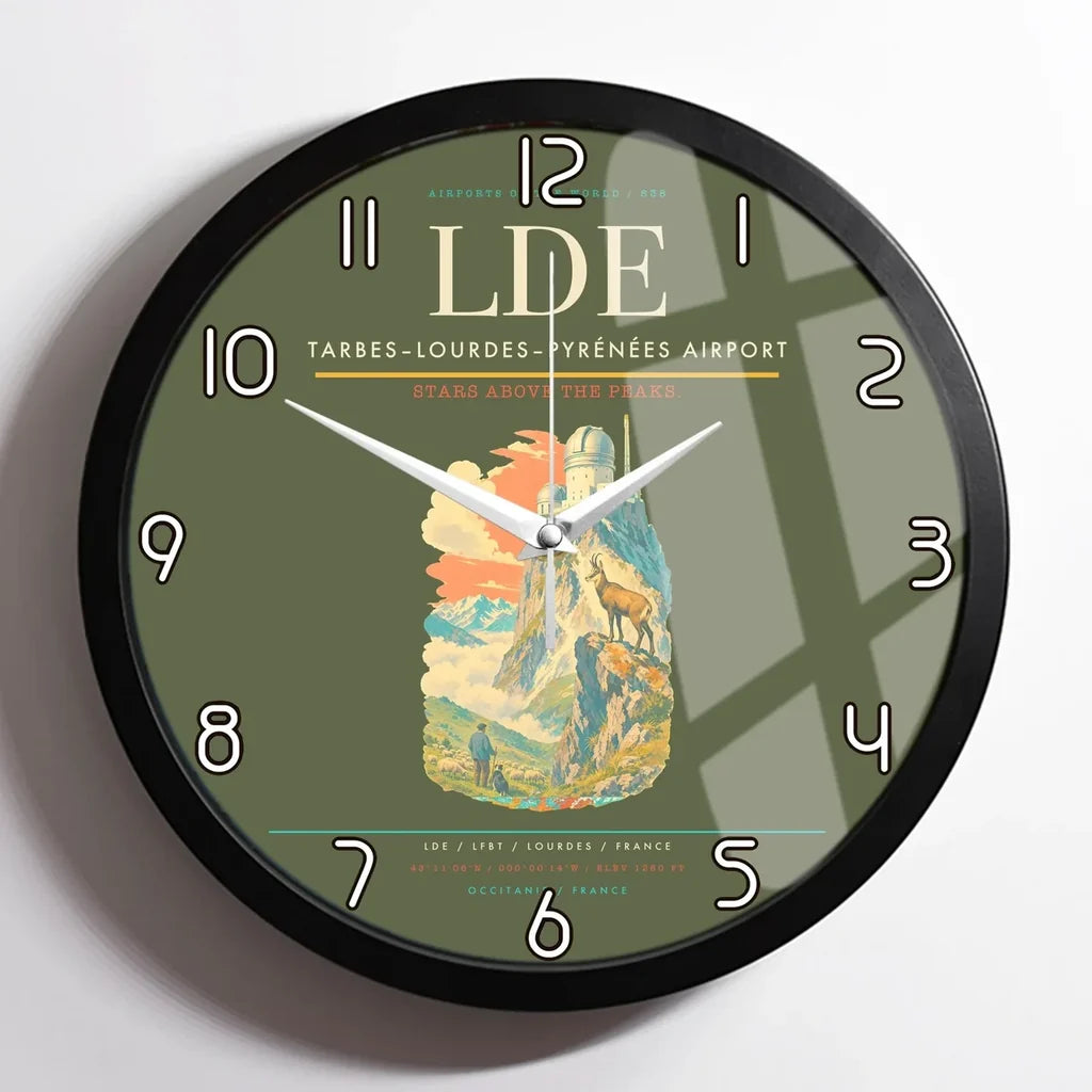 Tarbes–Lourdes–Pyrénées Airport (LDE) design on green army framed wall clock