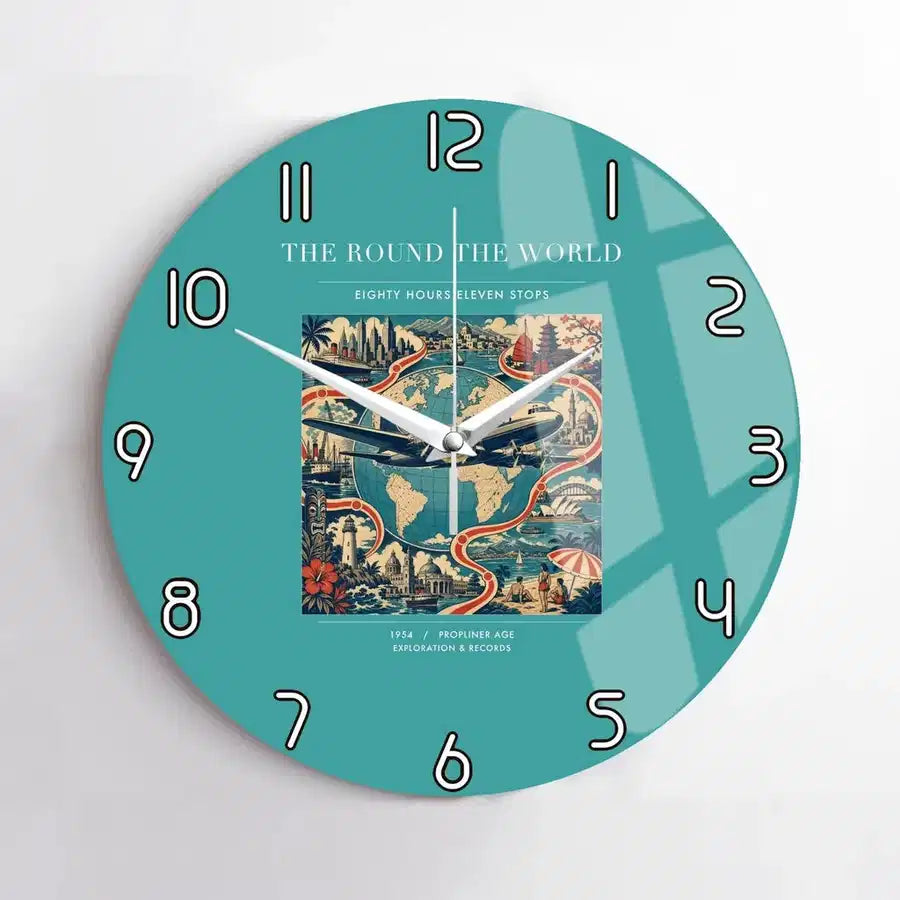 VINTAGE G4100 - The Round The World - Designed Wall Clocks design on turquoise no-frame