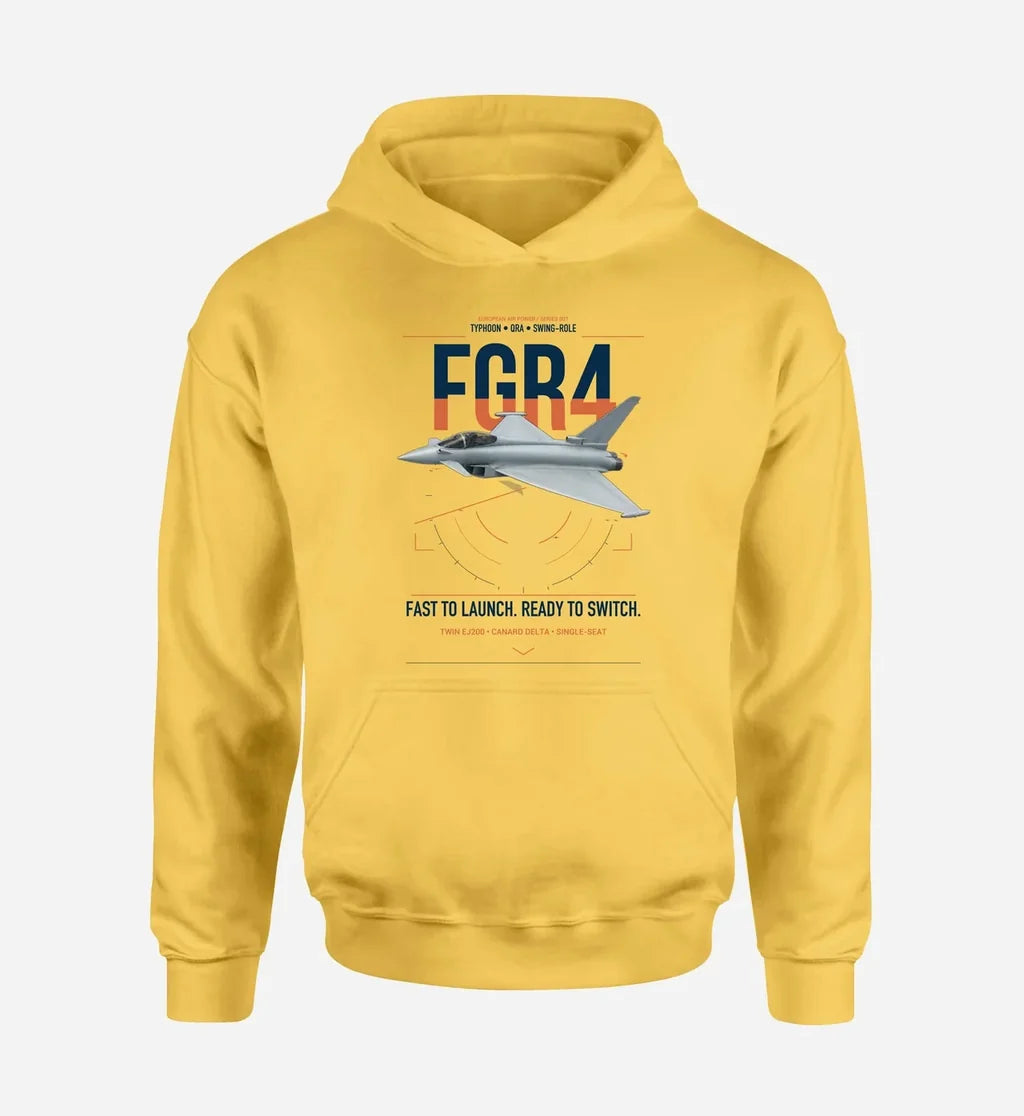 Eurofighter Typhoon FGR4 design on yellow double-side hoodie, single-side print