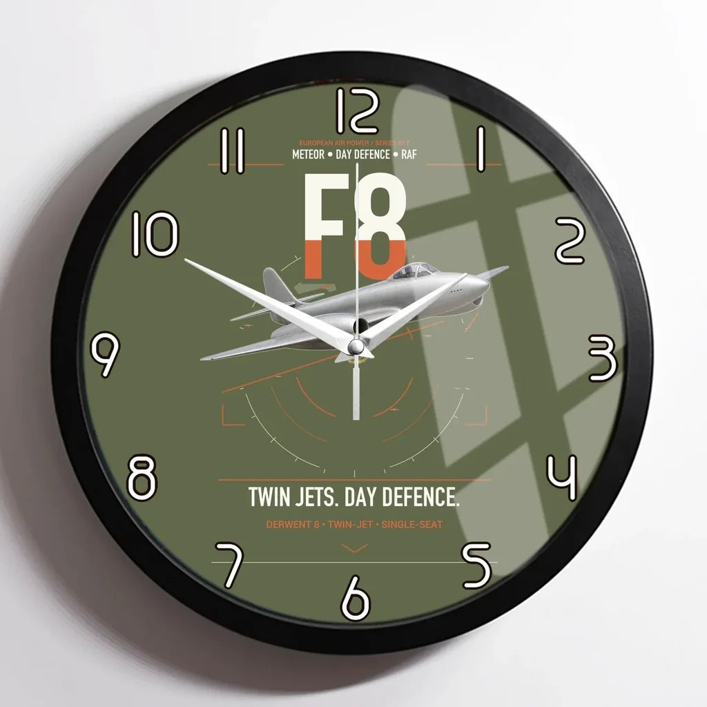 Gloster Meteor F8 design on green army framed wall clock