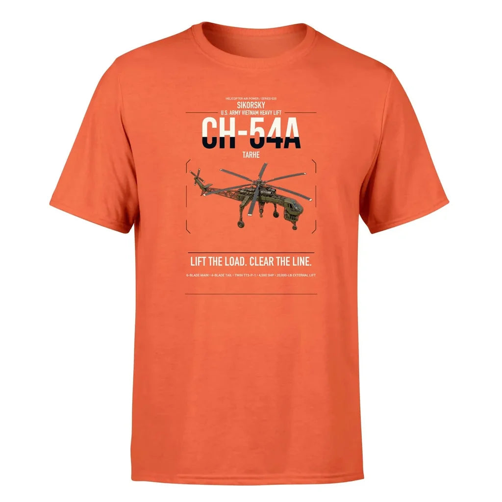 Sikorsky CH-54A Tarhe design on orange t-shirt, single-side print