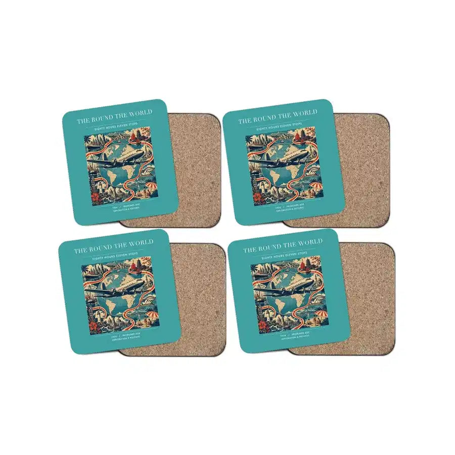The Round The World - Designed Coasters design on turquoise 4-pieces-set