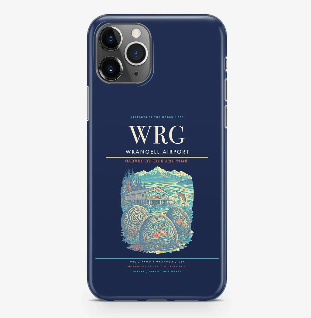Wrangell Airport (WRG) design on navy blue iPhone 16 Pro MagSafe case