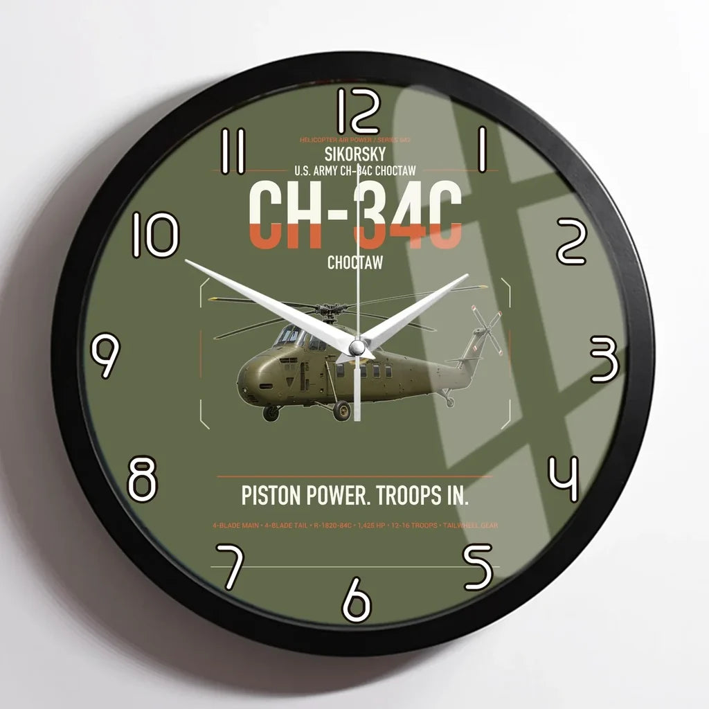 Sikorsky CH-34C Choctaw design on green army framed wall clock