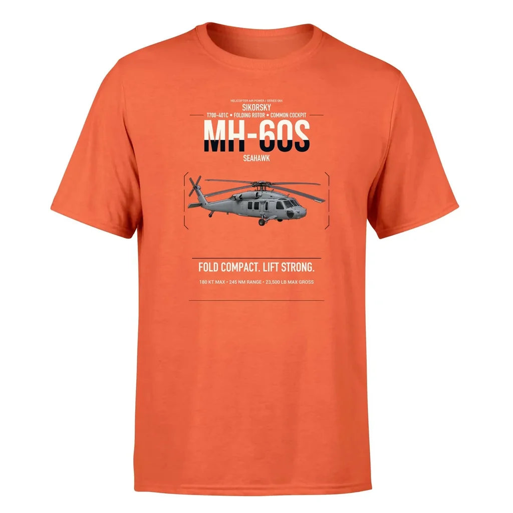 Sikorsky MH-60S Seahawk design on orange t-shirt, single-side print