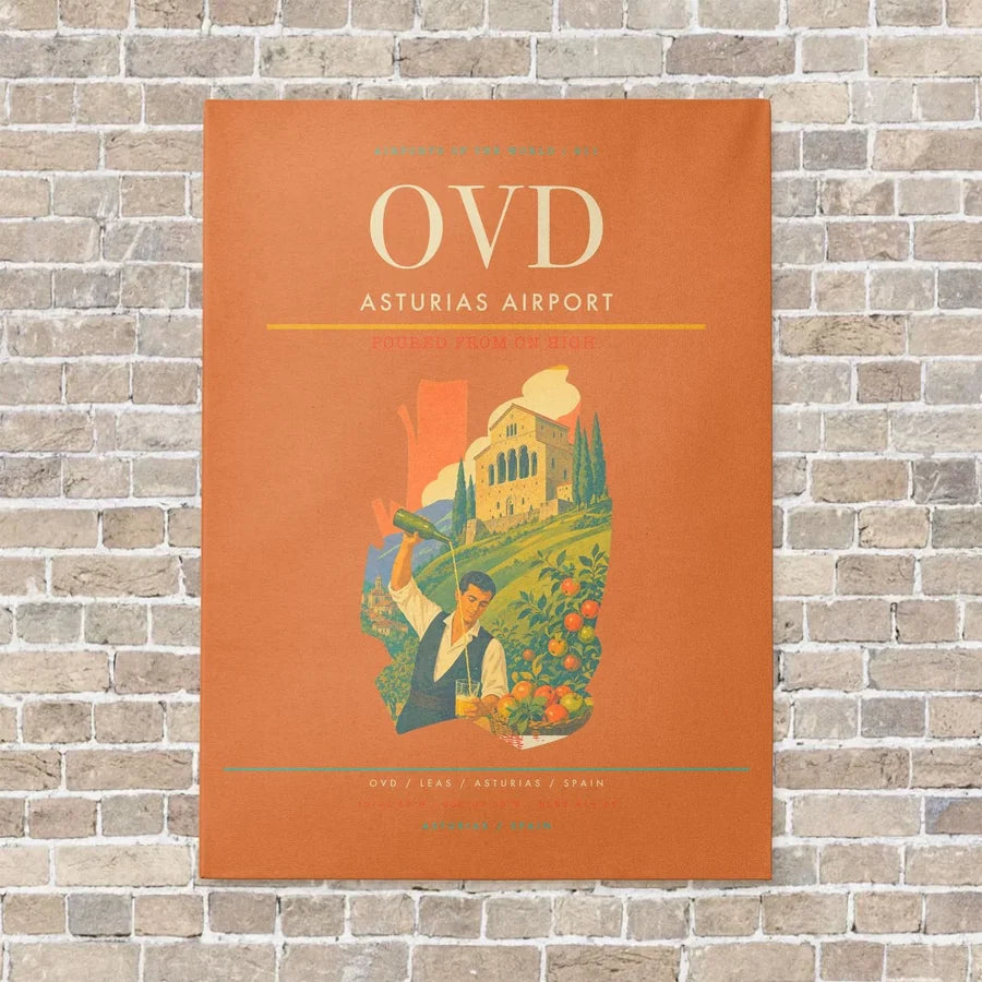 Asturias Airport OVD vertical canvas print - no frame - orange background