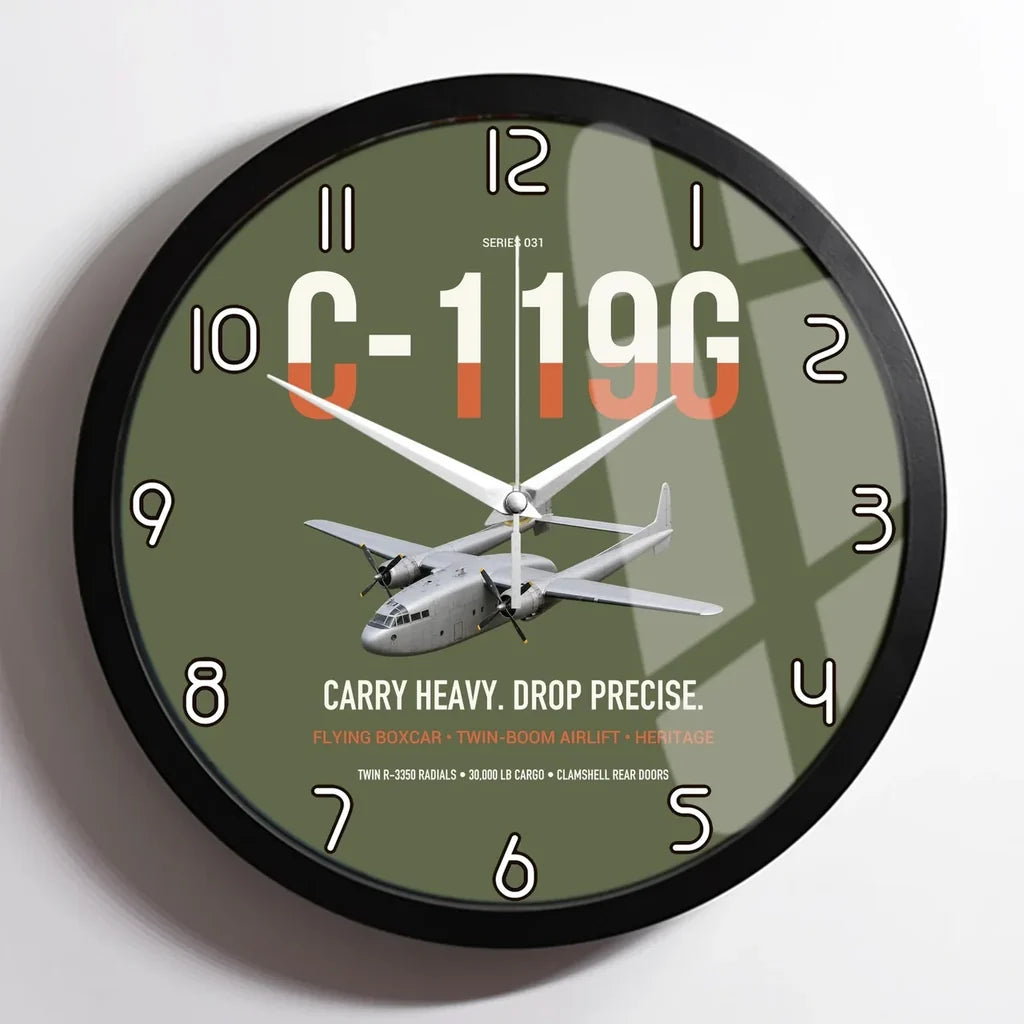 C-119G Flying Boxcar design on green army framed wall clock