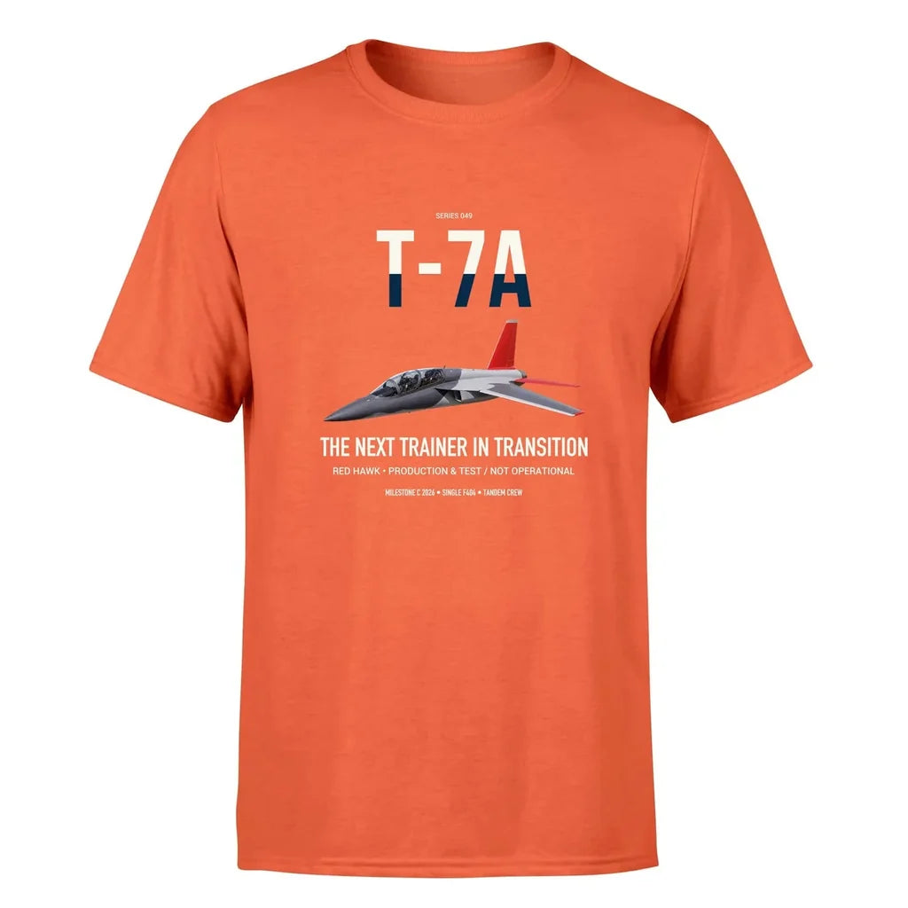 T-7A Red Hawk design on orange double-side t-shirt, single-side print