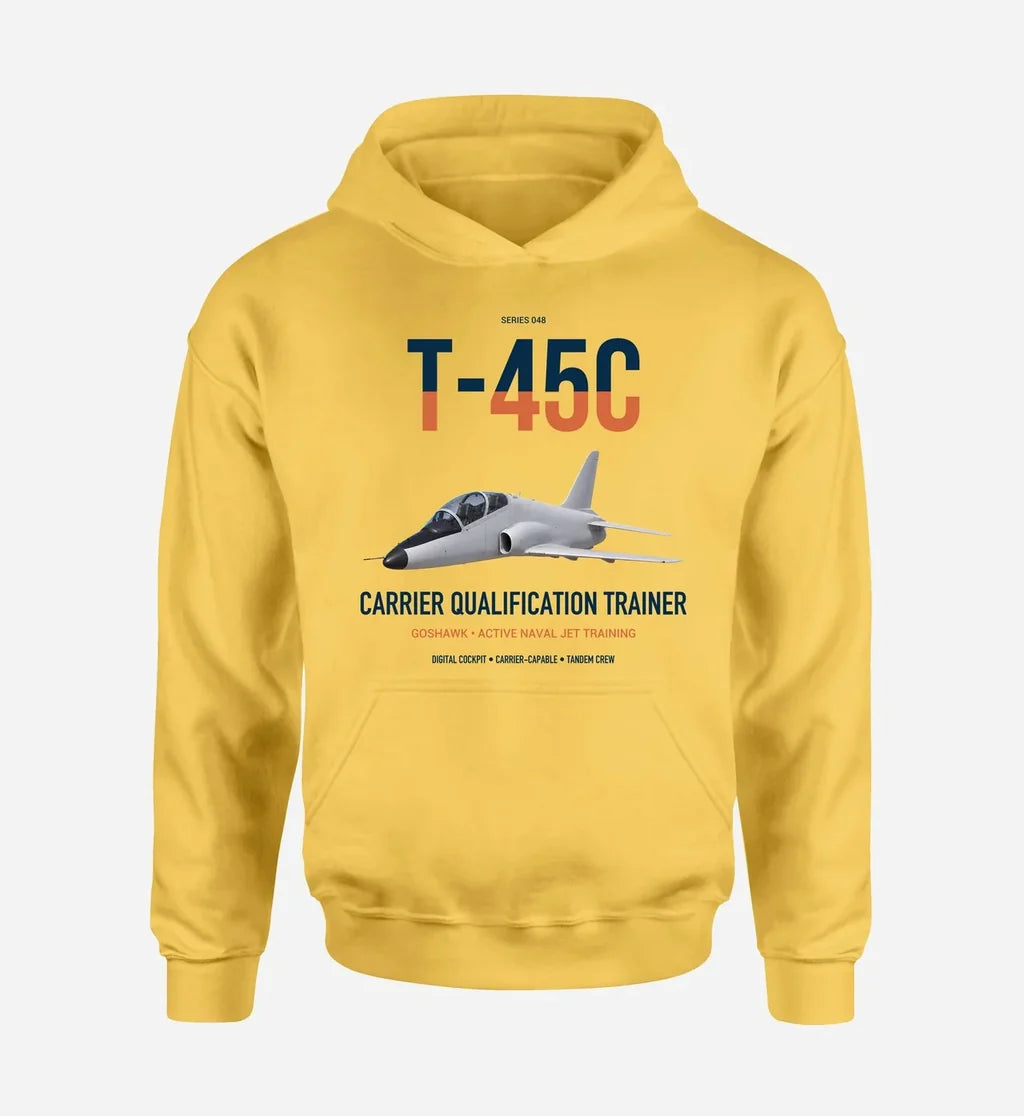 T-45C Goshawk design on yellow double-side hoodie, single-side print