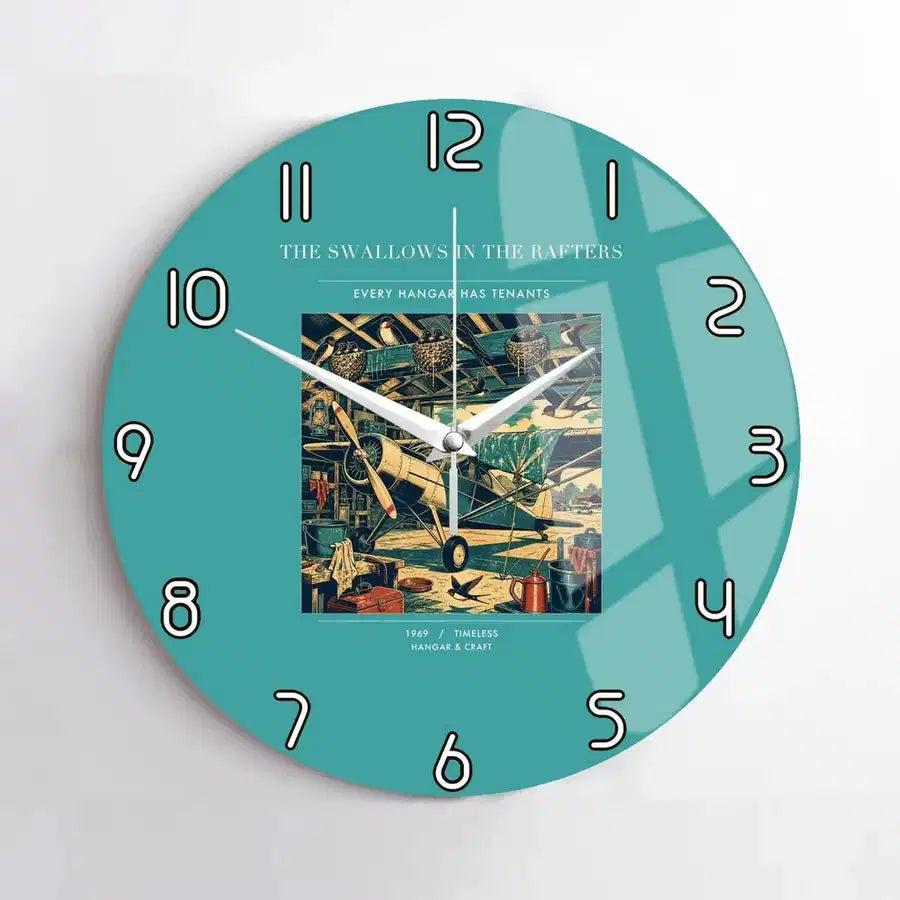 VINTAGE G4269 - The Swallows In The Rafters - Designed Wall Clocks design on turquoise no-frame