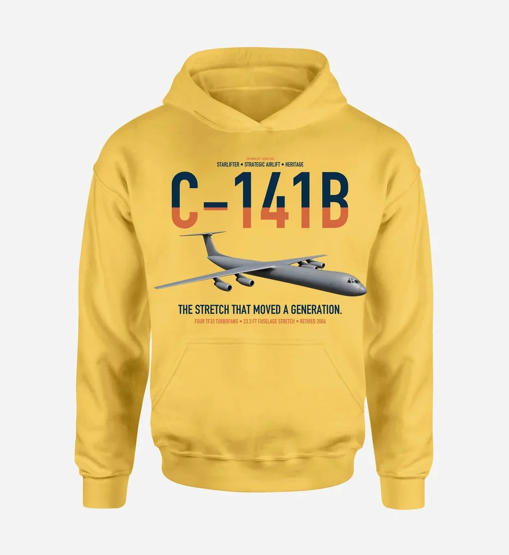 C-141B Starlifter design on yellow double-side hoodie, single-side print