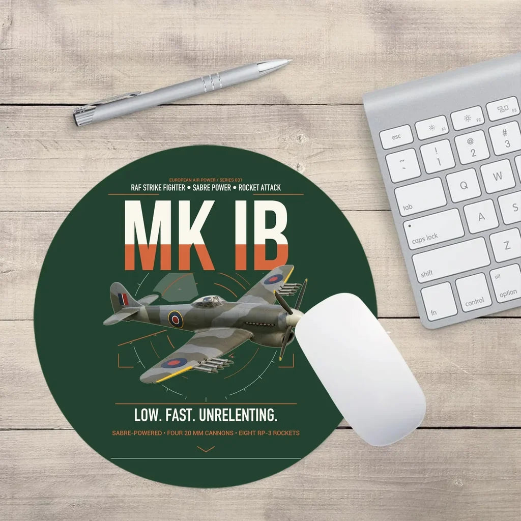 Hawker Typhoon Mk IB design on dark green round mouse pad