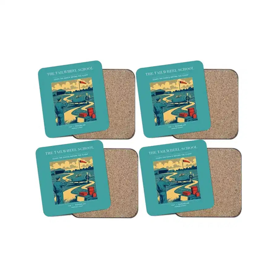The Tailwheel School - Designed Coasters design on turquoise 4-pieces-set