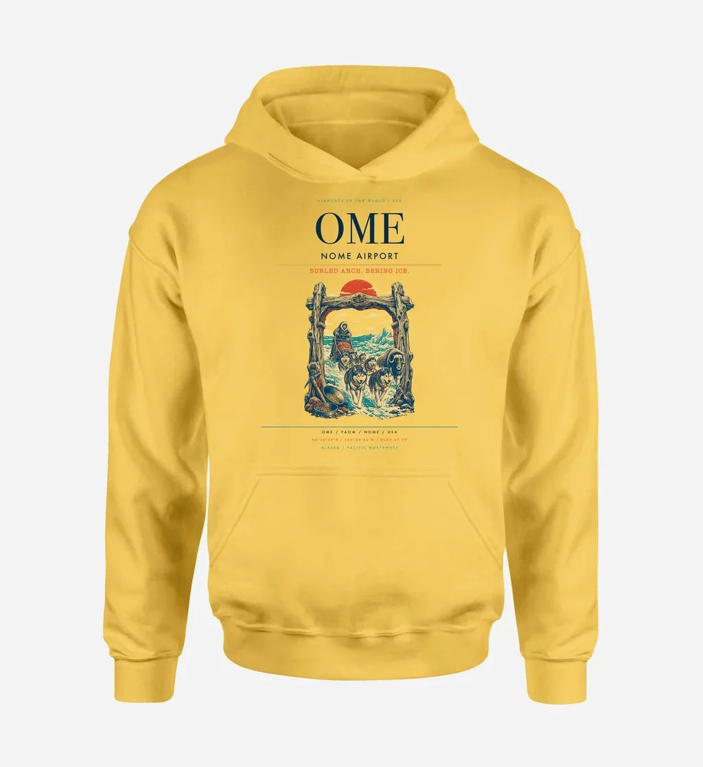 Nome Airport (OME) design on yellow hoodie single-side print