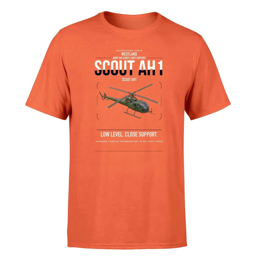 Westland Scout AH1 design on orange t-shirt, single-side print