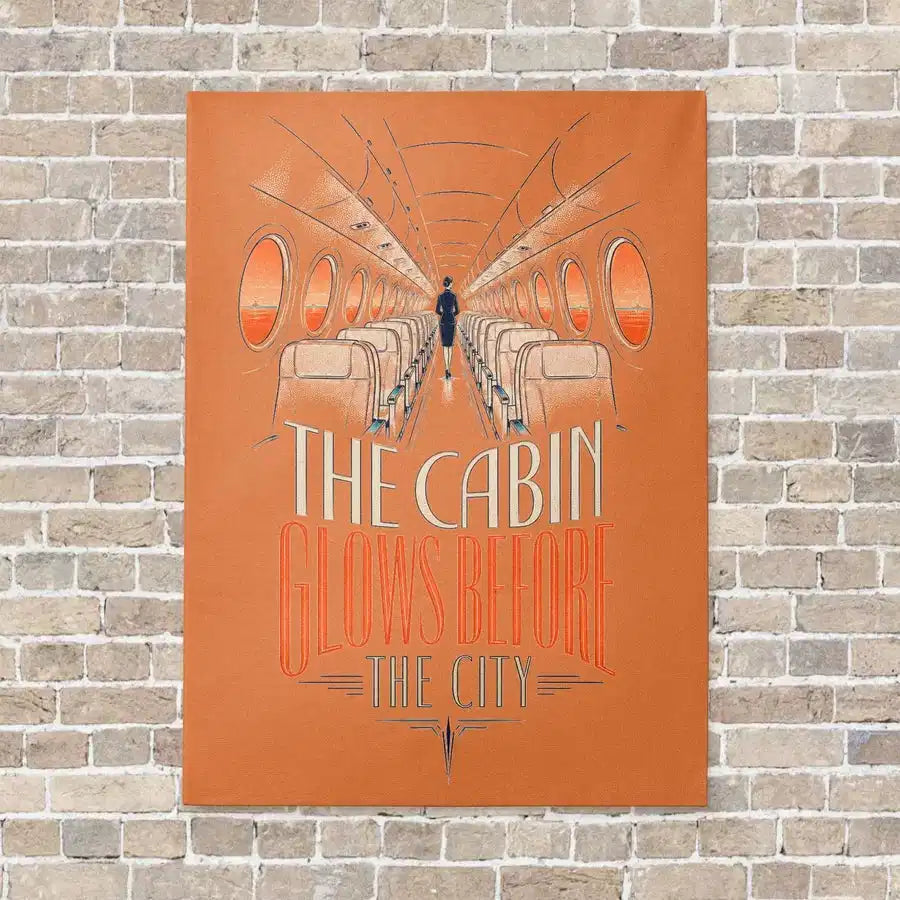 The Cabin Glows Before The City vertical canvas print - no frame - orange background