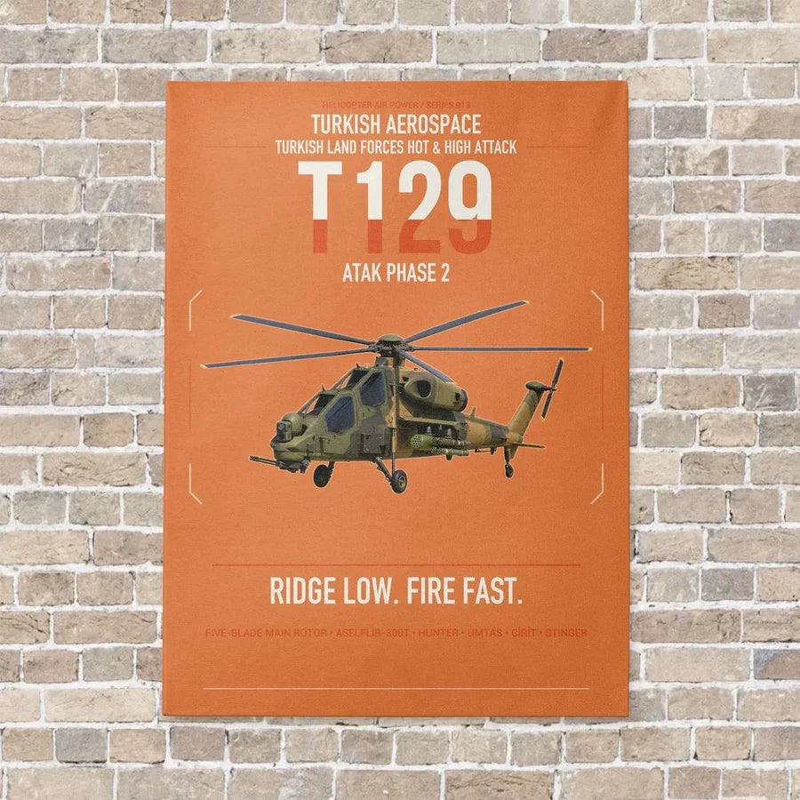 Turkish Aerospace T129 ATAK Phase 2 vertical canvas print - no frame - orange background