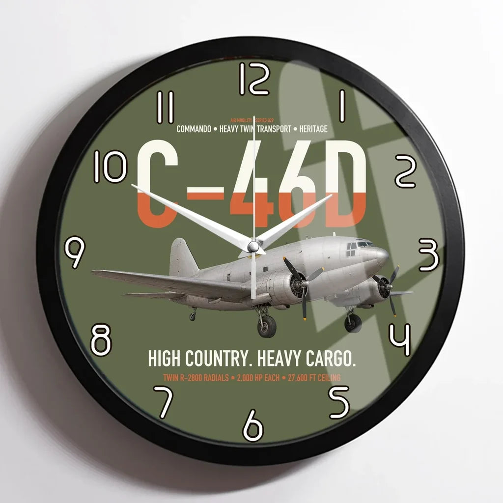 C-46D Commando design on green army framed wall clock