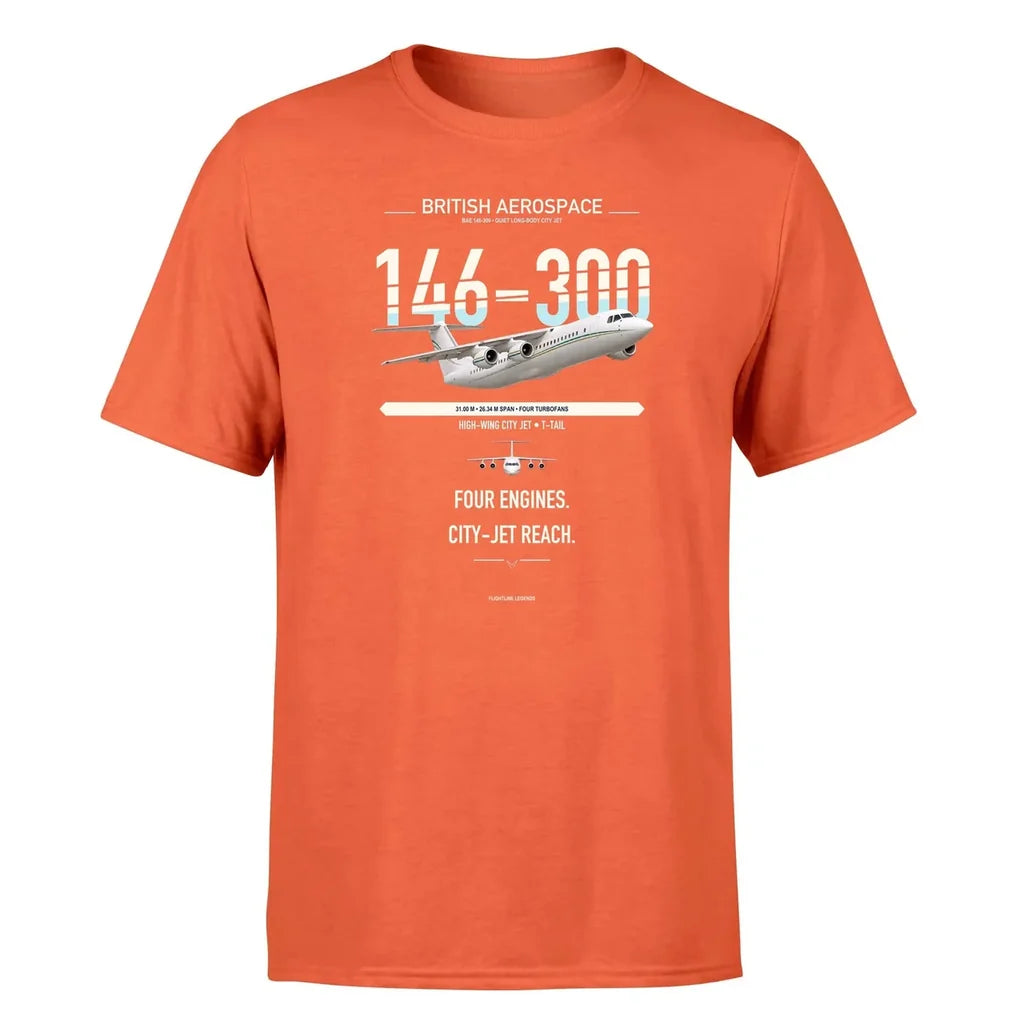 BAe 146-300 design on orange double-side t-shirt, single-side print