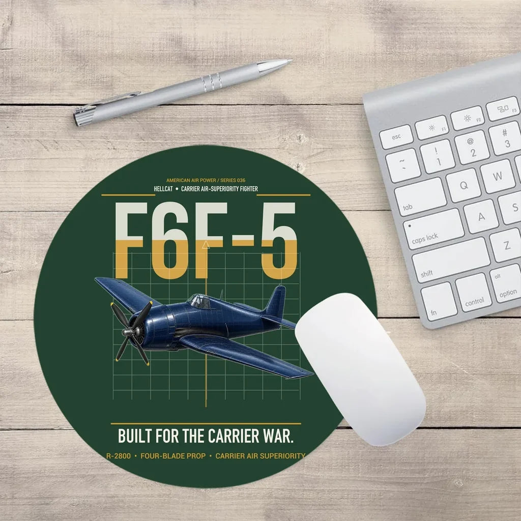 F6F-5 Hellcat design on dark green round mouse pad