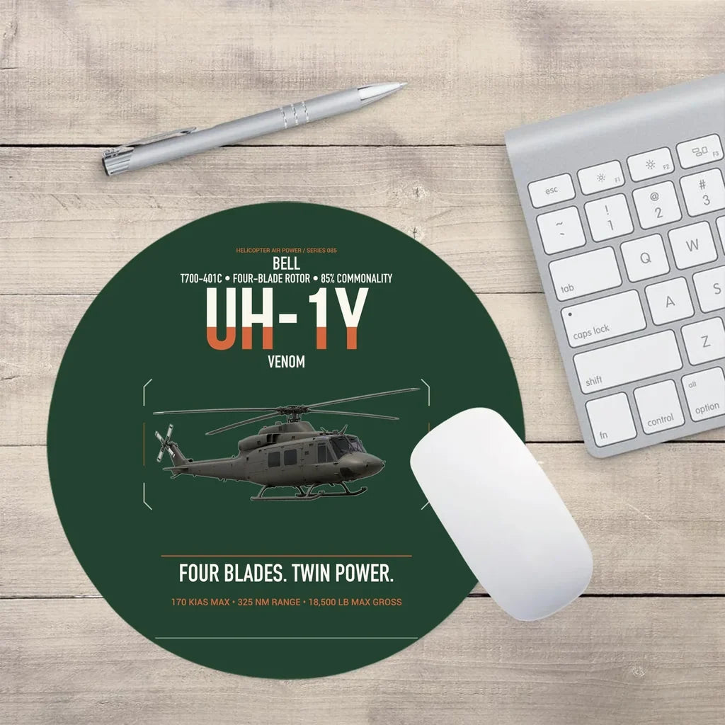 Bell UH-1Y Venom design on dark green round mouse pad