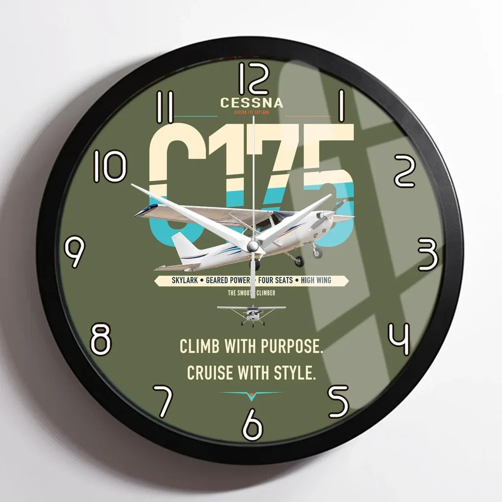 Cessna 175 Skylark design on green army framed wall clock