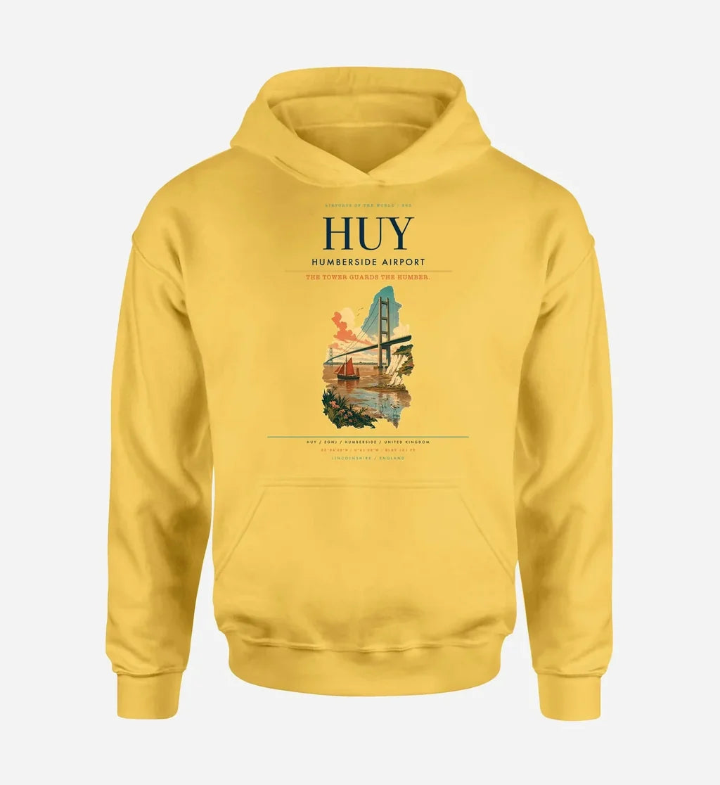 Humberside Airport (HUY) design on yellow hoodie single-side print