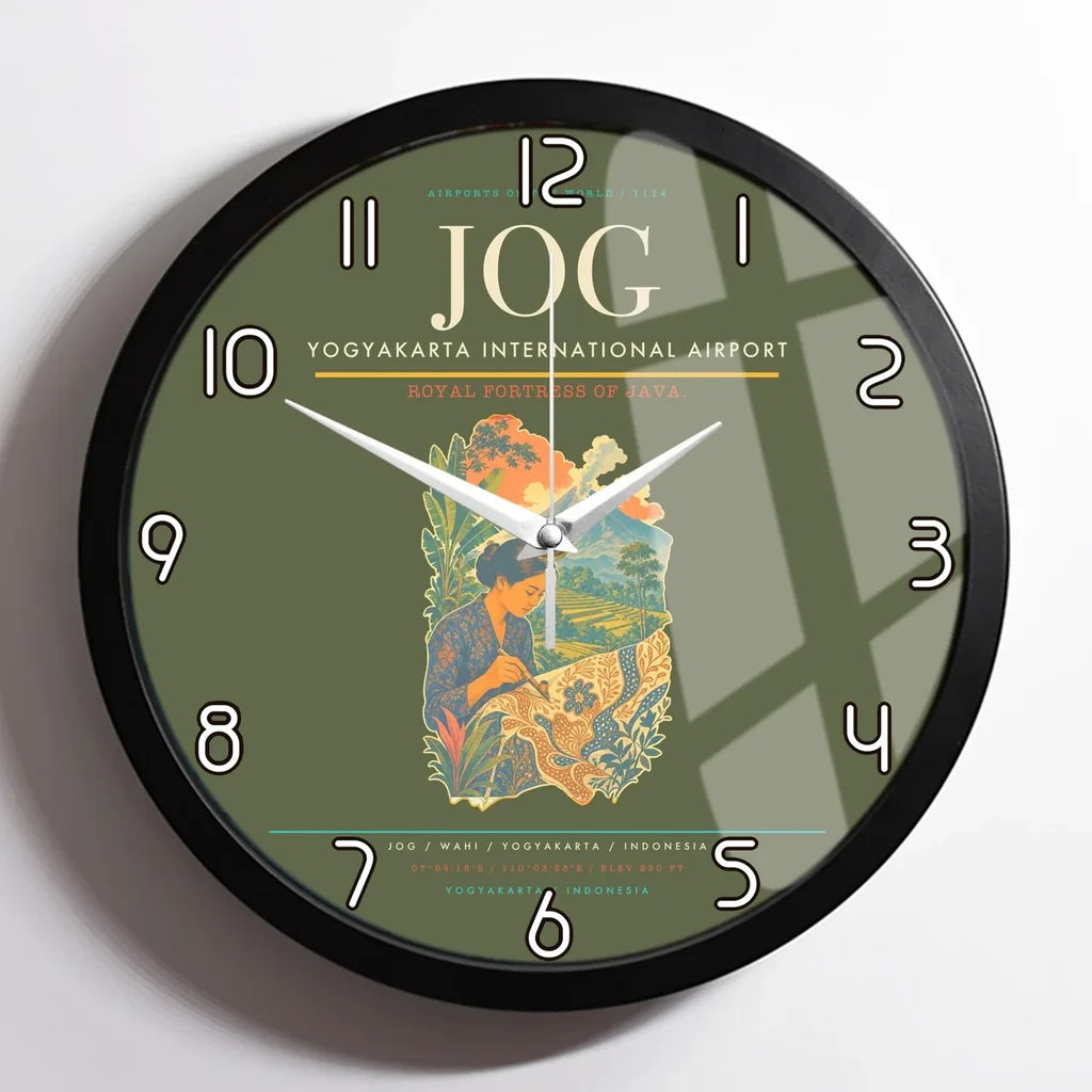 Yogyakarta International Airport (JOG) design on green army framed wall clock