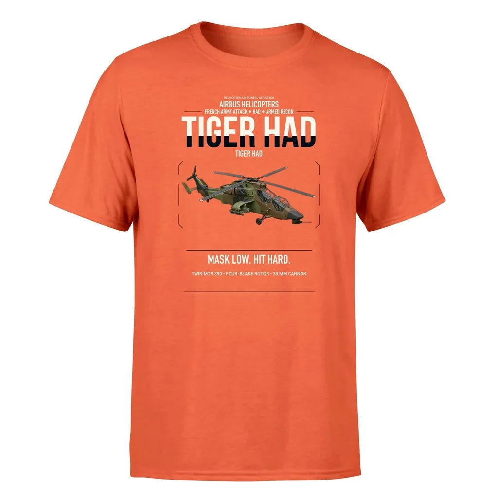 Airbus Helicopters Tiger HAD design on orange t-shirt, single-side print