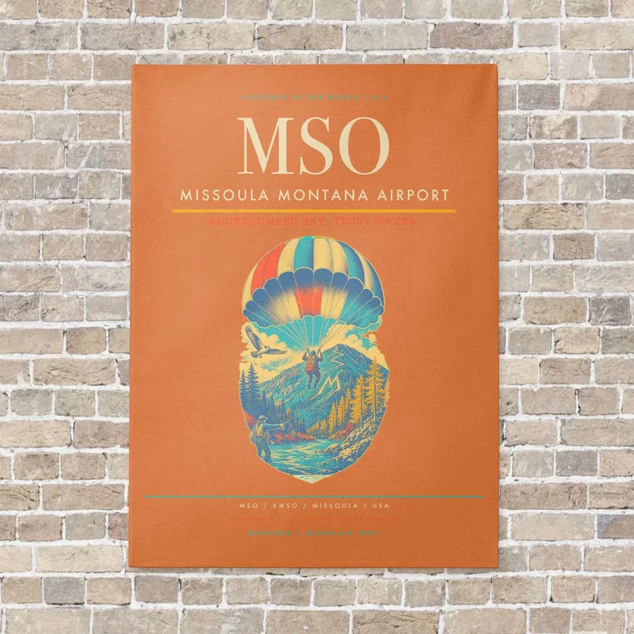 Missoula Montana Airport MSO vertical canvas print - no frame - orange background