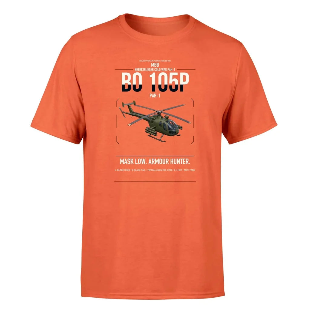 MBB BO 105P PAH-1 design on orange t-shirt, single-side print