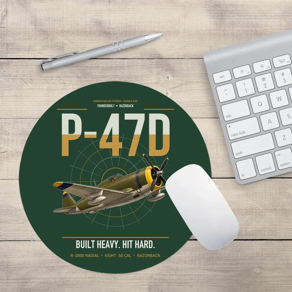 P-47D Thunderbolt Razorback design on dark green round mouse pad