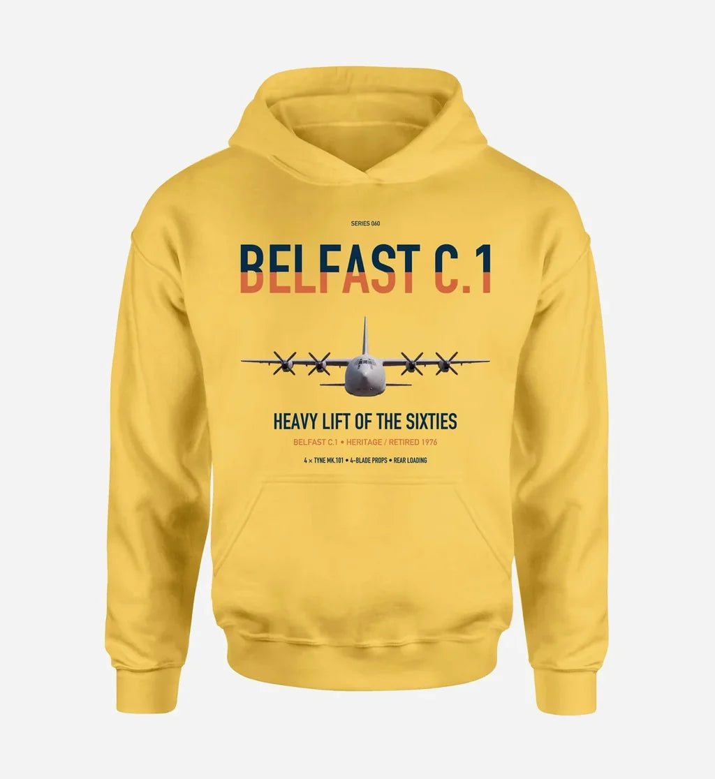 Short Belfast C.1 design on yellow double-side hoodie, single-side print