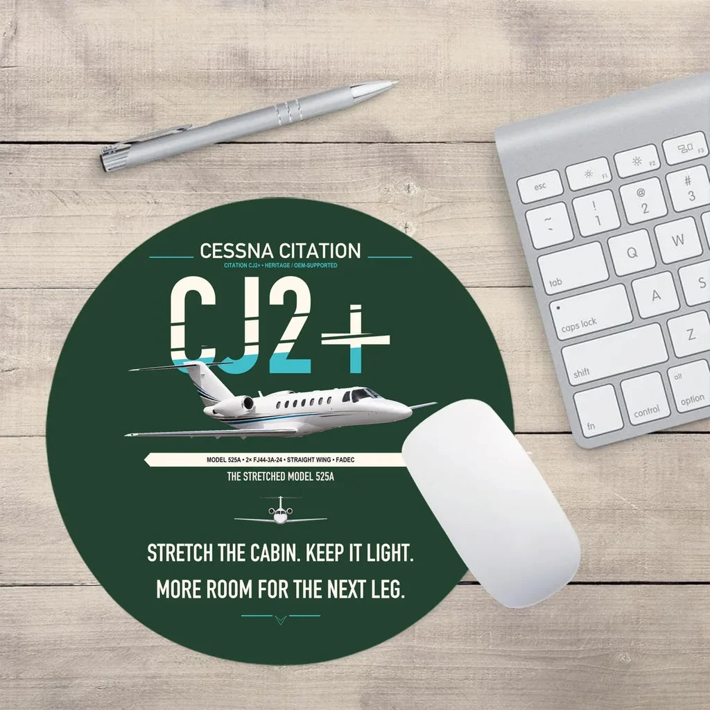 Cessna Citation CJ2+ design on dark green round mouse pad