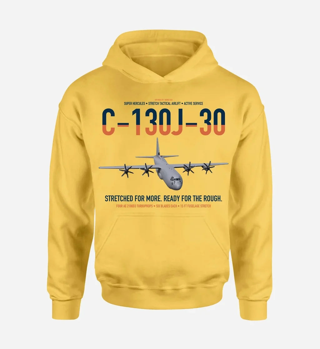 C-130J-30 Super Hercules design on yellow double-side hoodie, single-side print